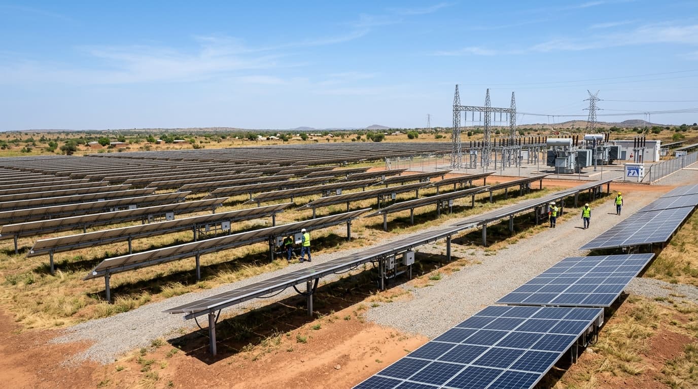 Utility-scale solar power farm and high-voltage substation installation