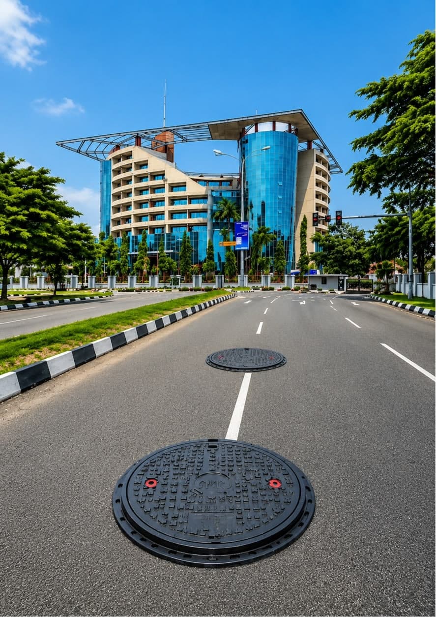 Multi-lane road with manhole covers in the foreground and a modern glass-fronted building beyond