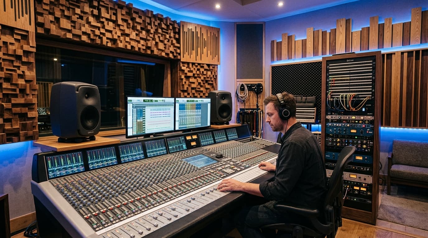Professional acoustic sound engineering facility with digital audio console and monitoring array